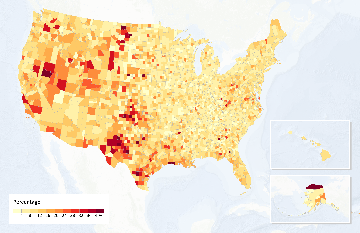County-level map of the United States showing the percentage of each county's workforce in predominantly-outdoor occupations, ranging from under 4 percent (pale yellow) to over 40 percent (dark red), concentrated in parts of the West, the northern and southern Great Plains, and Alaska.